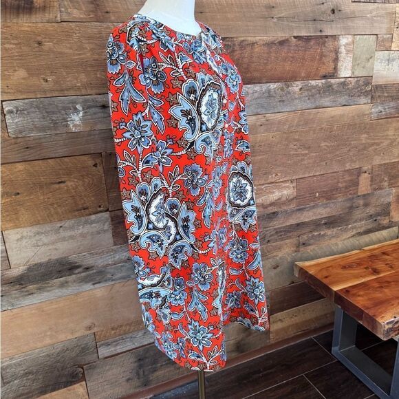 Loft-Anne Taylor Red Blue Brown Floral Long Sleeve Smock Tunic-Henley style sz L - Picture 6 of 16